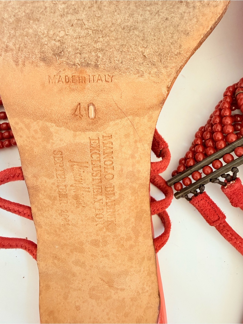 Rare Vintage Manolo Blahnik Red Beaded Toe Loop Heeled Sandals Y2K 40 - Picture 10 of 10
